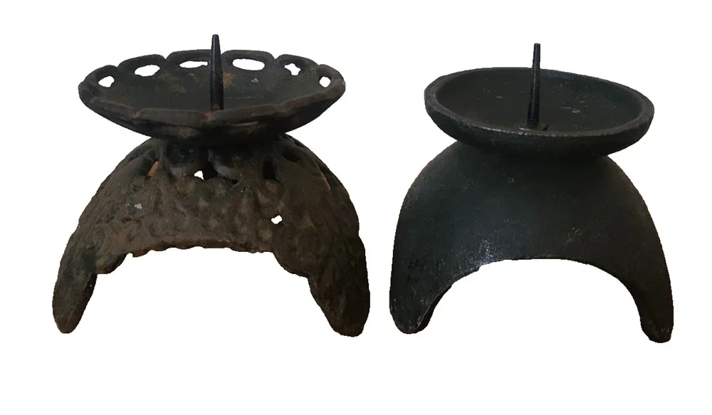 Lot of 2 Vintage Black Cast Iron Candle Holder Mid Century Japan Atomic Tripod